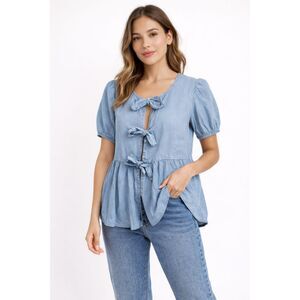 MINE Chambray Baby Doll Bow Tie Top SZ LG NWT Puff Sleeve Boho Peplum Blouse